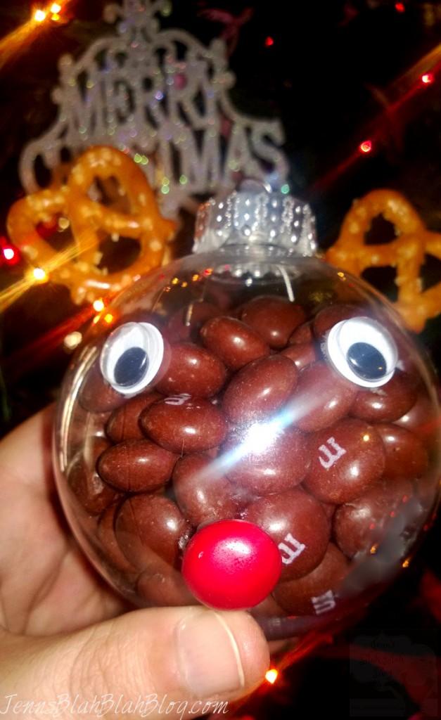 Rudolph M&M Christmas Decoration with Christmas Tree in background